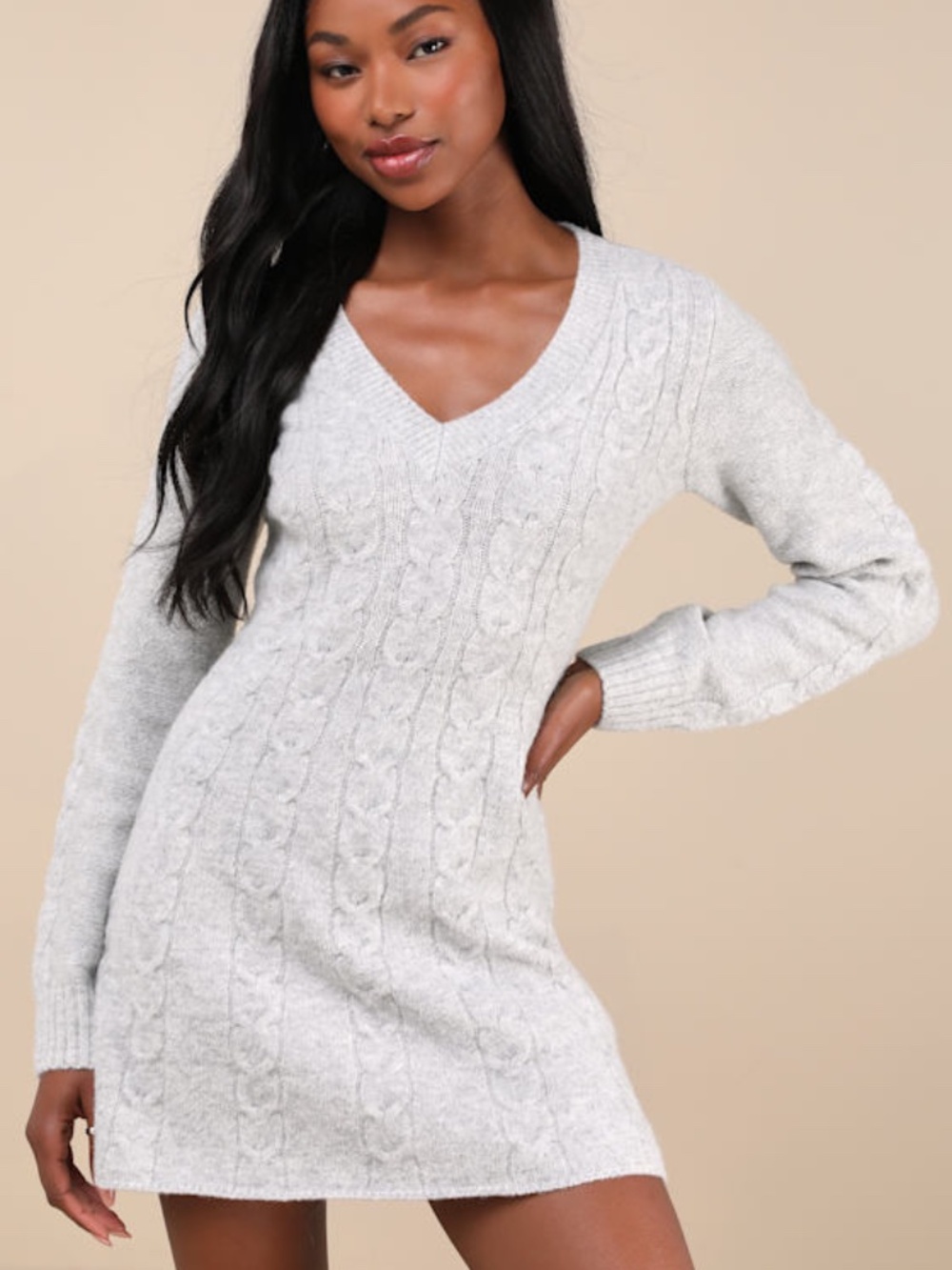 Lulus Snuggly Chic Grey Cable Knit Long Sleeve Sweater Mini Dress - Size S